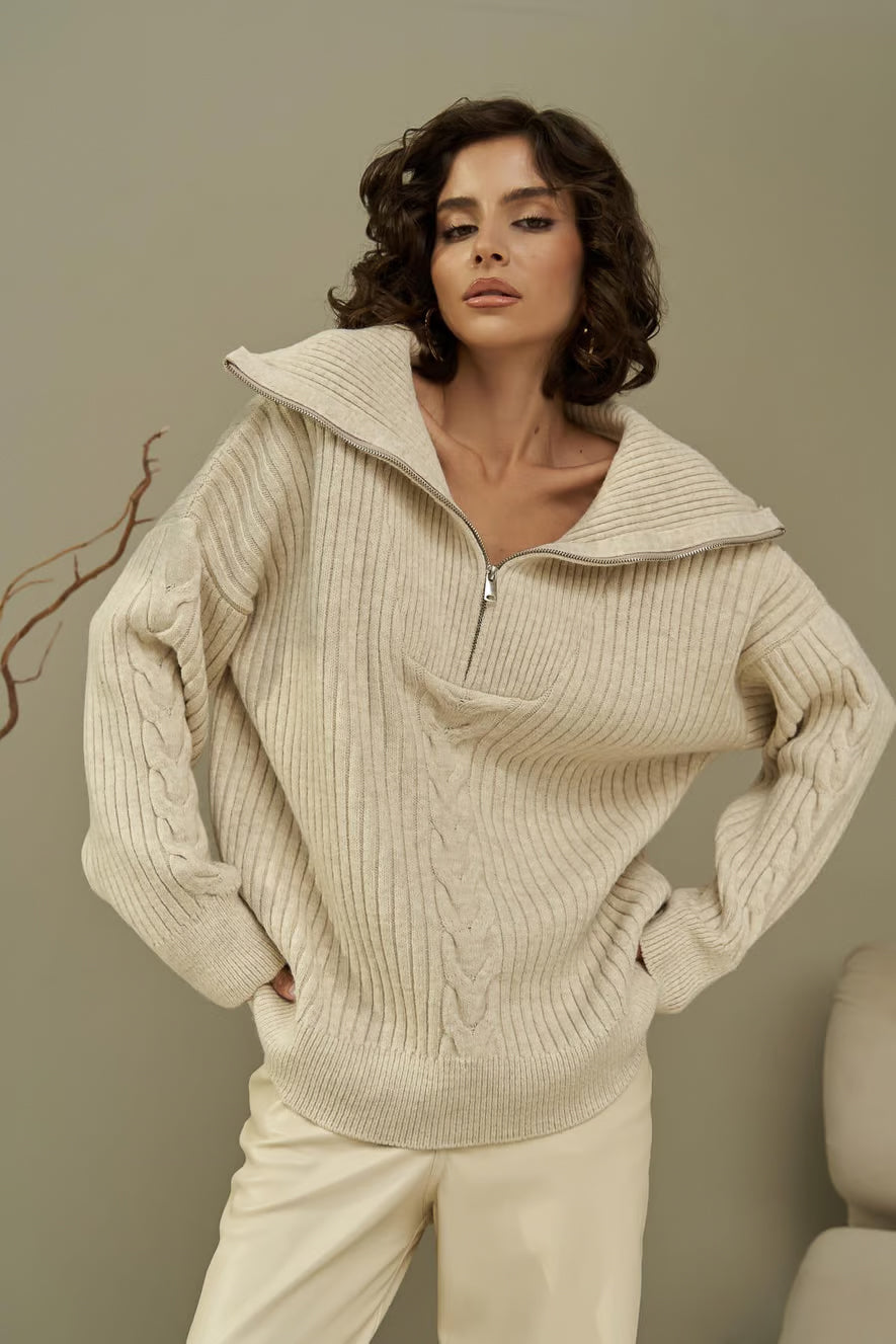 BEIGE BABLE KNIT ZIP UP SWEATER