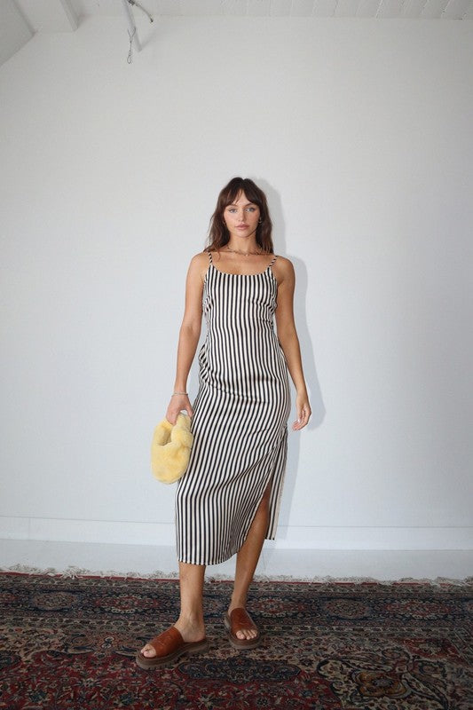 STRIPE SATIN SLIP LONG DRESS