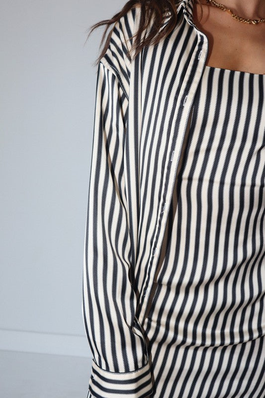 STRIPE SATIN BUTTON UP SHIRT