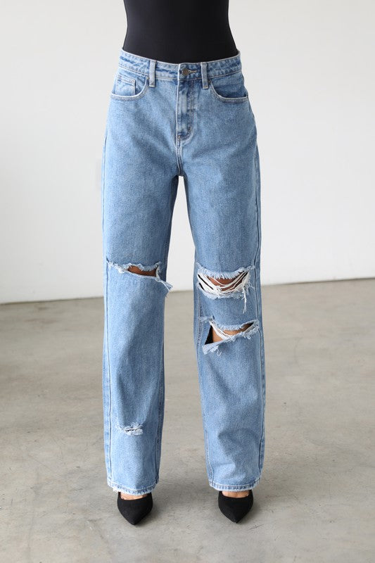 DISTRESSED WIDE LEG SKATER JEANS