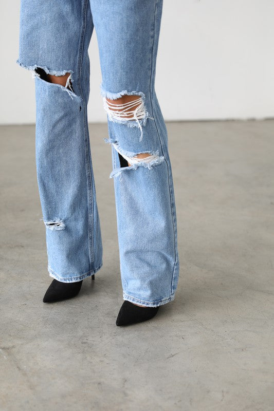 DISTRESSED WIDE LEG SKATER JEANS