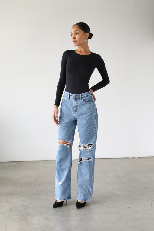 DISTRESSED WIDE LEG SKATER JEANS