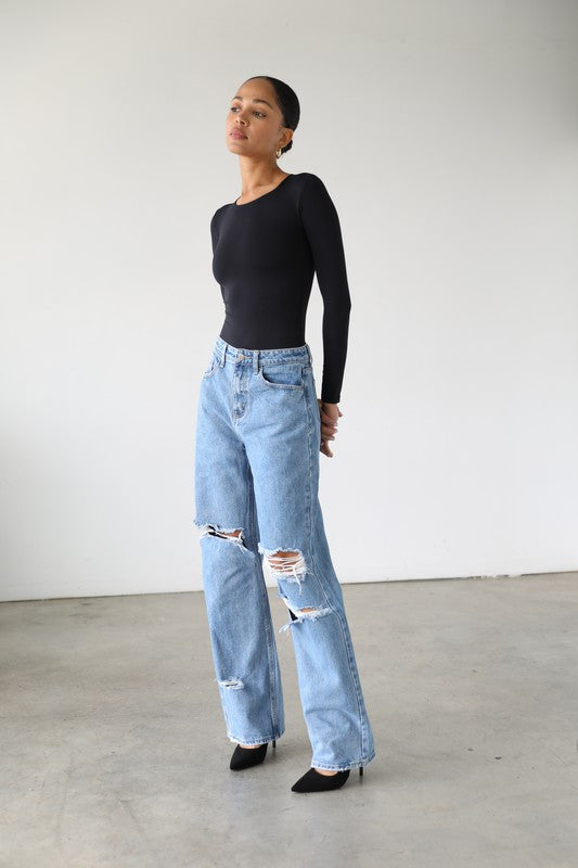 DISTRESSED WIDE LEG SKATER JEANS