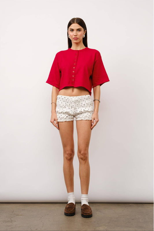 Willow short sleeve cardigan, cropped cardigan, boxy fit cardigan, elbow-length sleeve cardigan, center button cardigan, casual red cardigan, trendy layering piece, transitional wardrobe essential, modern cardigan for women, stylish knit top.
