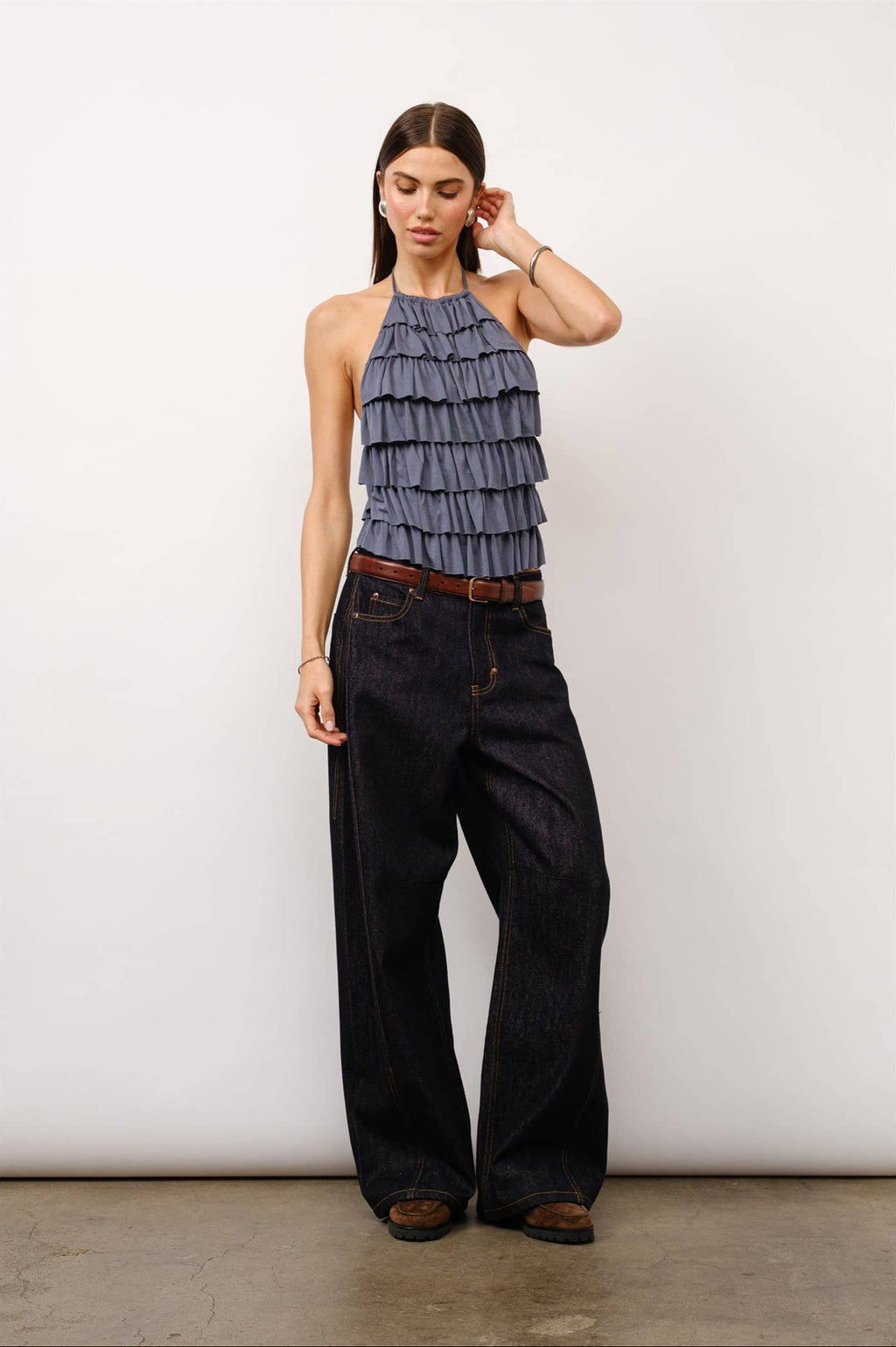 Luna tiered halter top, ruffle halter top, slate grey top, open back halter top, cupro jersey top, dressy night out top, tiered ruffle blouse, statement halter top, elegant evening top, modern date night outfit, fashion boutique top, stylish halter neck top.