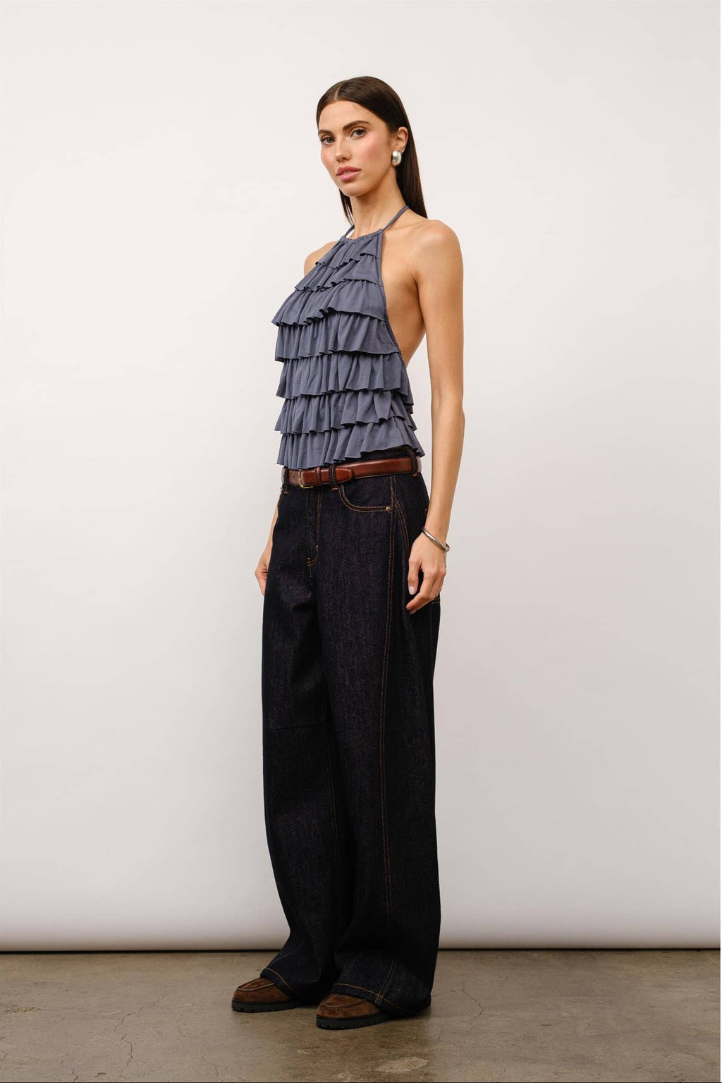 Luna tiered halter top, ruffle halter top, slate grey top, open back halter top, cupro jersey top, dressy night out top, tiered ruffle blouse, statement halter top, elegant evening top, modern date night outfit, fashion boutique top, stylish halter neck top.