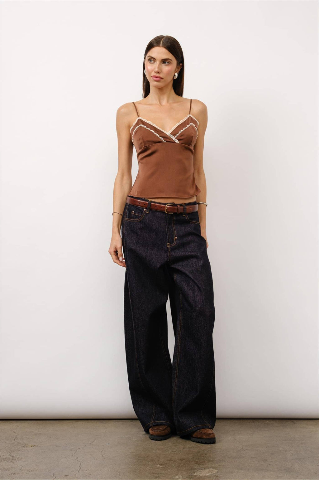 Margaux lace trim cami, satin camisole, lace trim top, coffee bean satin cami, romantic cami top, date night outfit, figure-skimming camisole, elegant lace cami, satin top for women, adjustable spaghetti strap cami, chic cami for layering, boutique cami top.