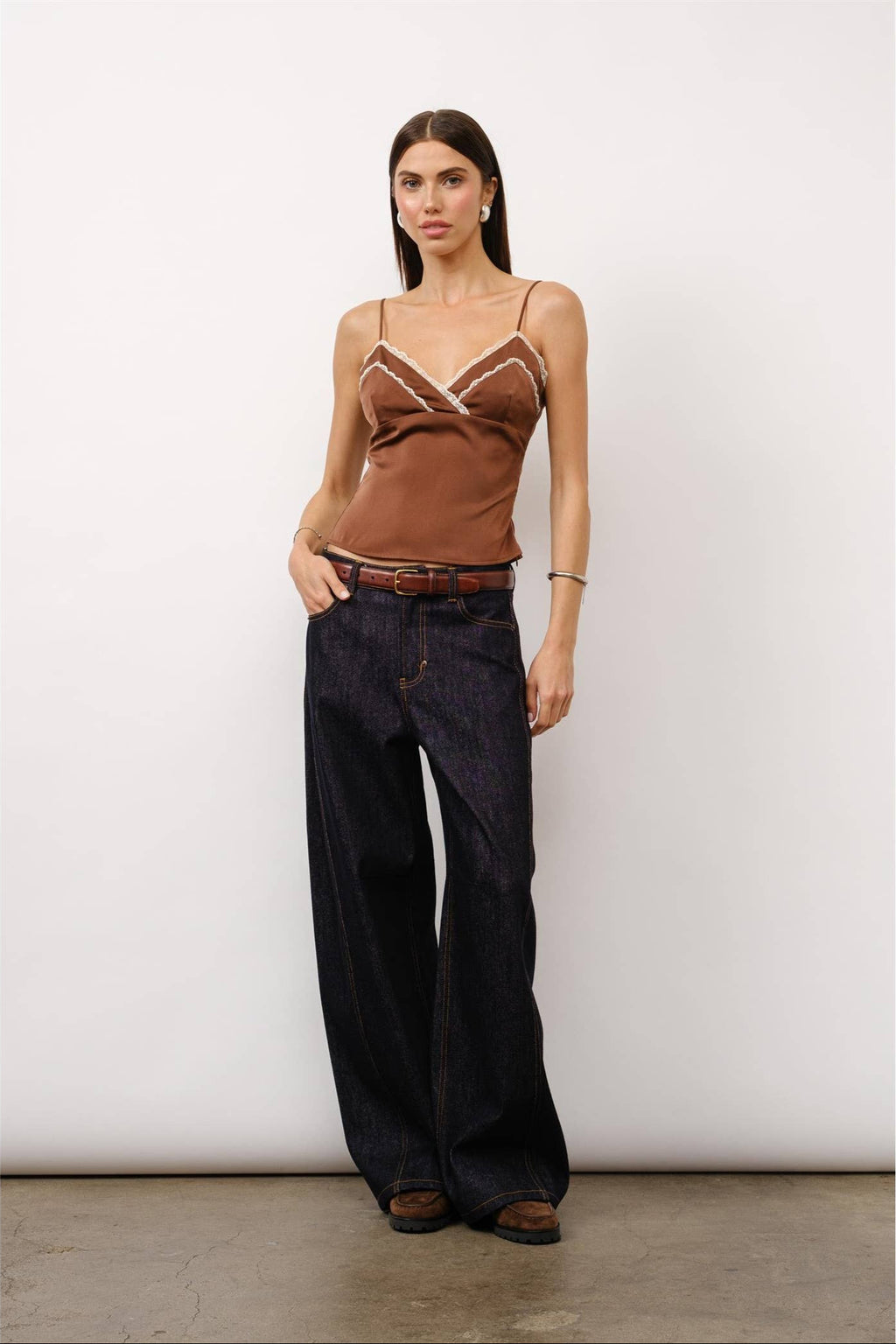 Margaux lace trim cami, satin camisole, lace trim top, coffee bean satin cami, romantic cami top, date night outfit, figure-skimming camisole, elegant lace cami, satin top for women, adjustable spaghetti strap cami, chic cami for layering, boutique cami top.
