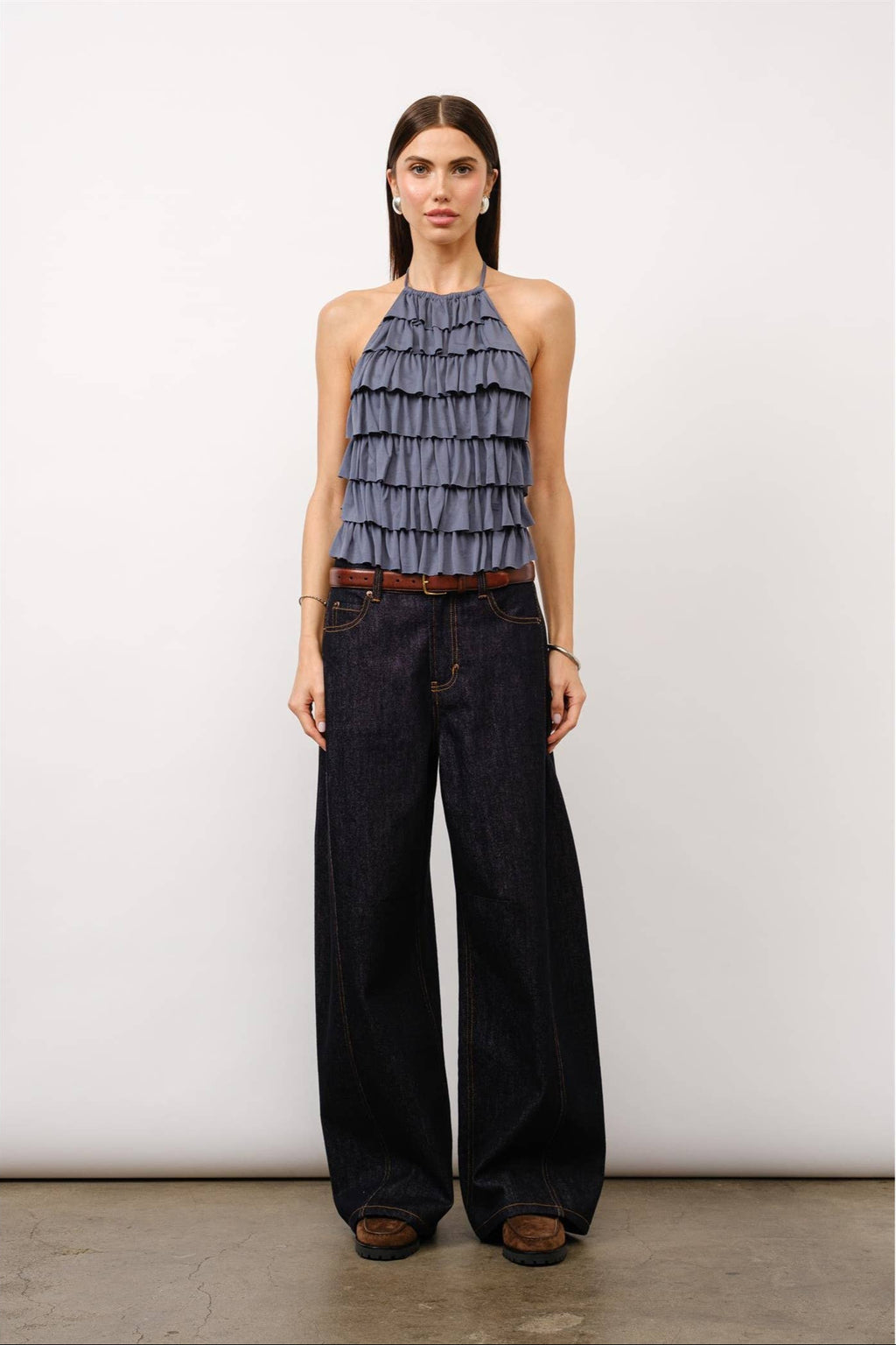 Luna tiered halter top, ruffle halter top, slate grey top, open back halter top, cupro jersey top, dressy night out top, tiered ruffle blouse, statement halter top, elegant evening top, modern date night outfit, fashion boutique top, stylish halter neck top.