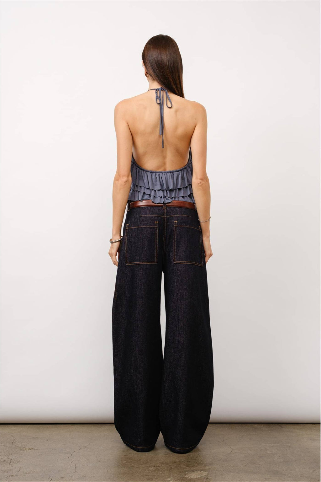 Luna tiered halter top, ruffle halter top, slate grey top, open back halter top, cupro jersey top, dressy night out top, tiered ruffle blouse, statement halter top, elegant evening top, modern date night outfit, fashion boutique top, stylish halter neck top.