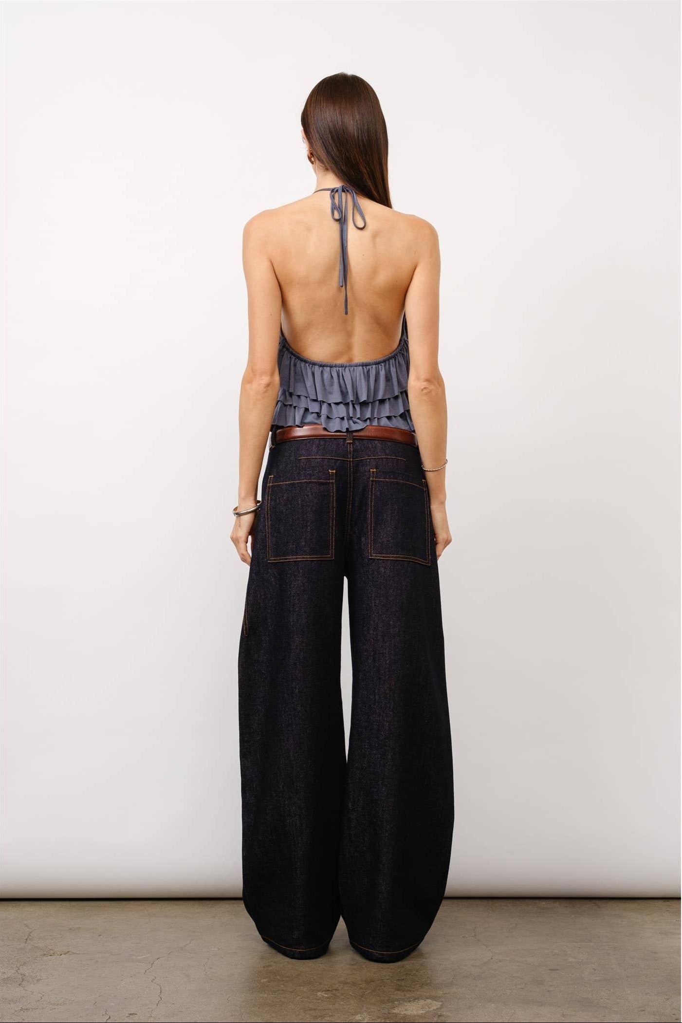 Luna tiered halter top, ruffle halter top, slate grey top, open back halter top, cupro jersey top, dressy night out top, tiered ruffle blouse, statement halter top, elegant evening top, modern date night outfit, fashion boutique top, stylish halter neck top.