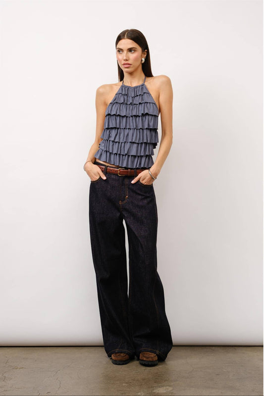 Luna tiered halter top, ruffle halter top, slate grey top, open back halter top, cupro jersey top, dressy night out top, tiered ruffle blouse, statement halter top, elegant evening top, modern date night outfit, fashion boutique top, stylish halter neck top.