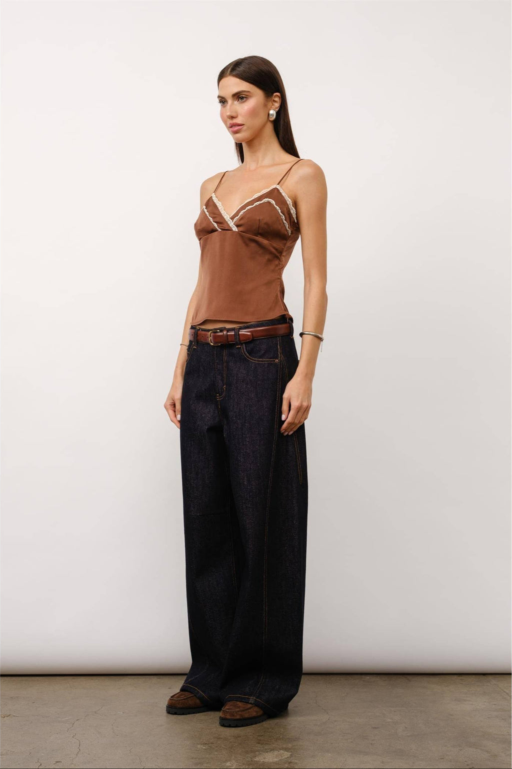 Margaux lace trim cami, satin camisole, lace trim top, coffee bean satin cami, romantic cami top, date night outfit, figure-skimming camisole, elegant lace cami, satin top for women, adjustable spaghetti strap cami, chic cami for layering, boutique cami top.