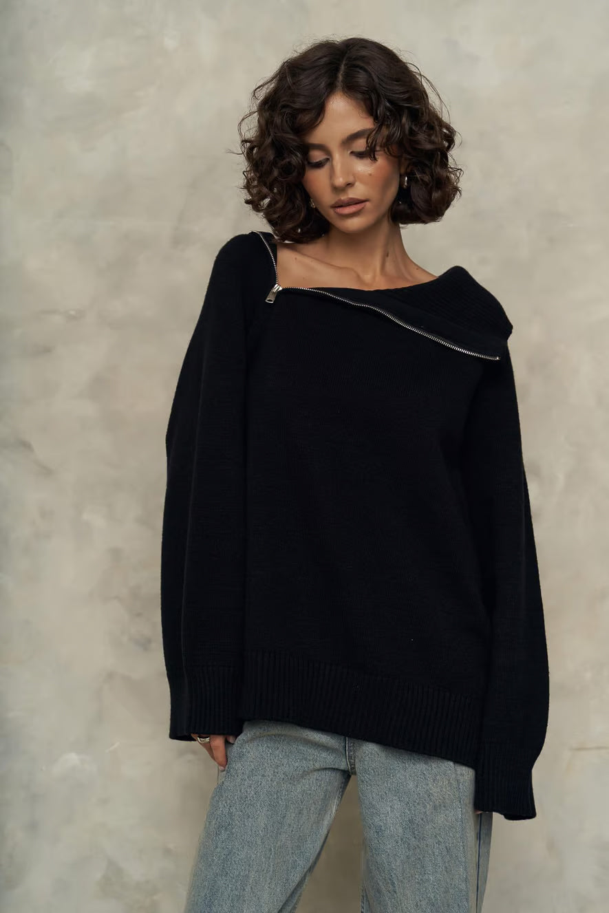 WEDNESDAY BLACK ZIP UP SWEATER