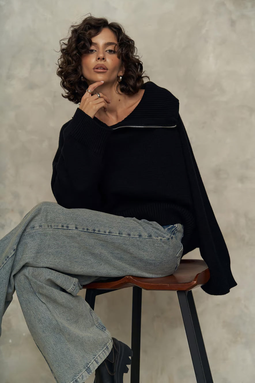 WEDNESDAY BLACK ZIP UP SWEATER