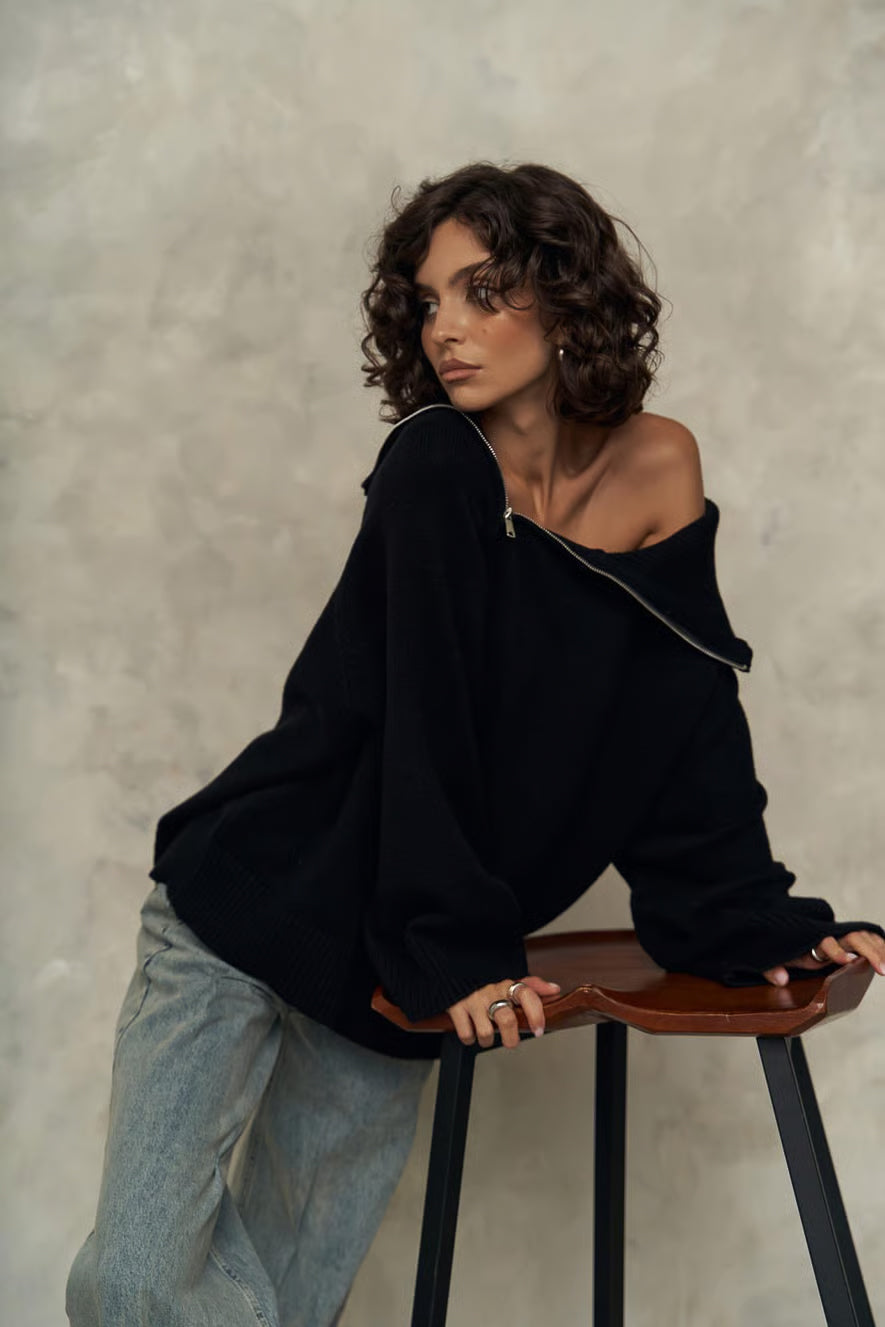 WEDNESDAY BLACK ZIP UP SWEATER